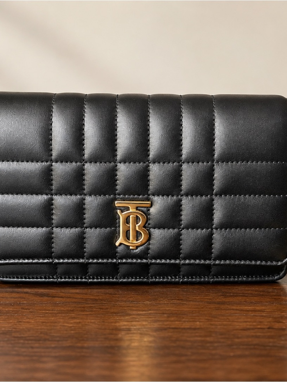 Burberry Black Quilted Leather Clutch with Gold TB Logo